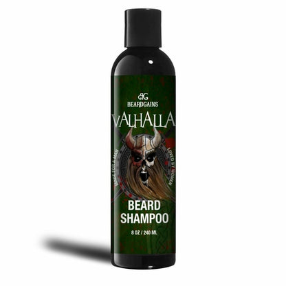 Bottle of Puce Oliver Valhalla Organic Beard Shampoo with a dark green label featuring a stylized Viking helmet. This sulfate-free and paraben-free bottle contains 240 ml (8 oz) of premium product for your beard care routine.
